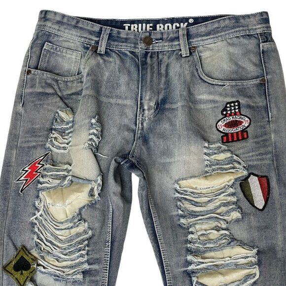 Mens True Rock Jeans Distressed Thrashed Patches Tag Size 34 Light Stone Wash - Picture 4 of 12